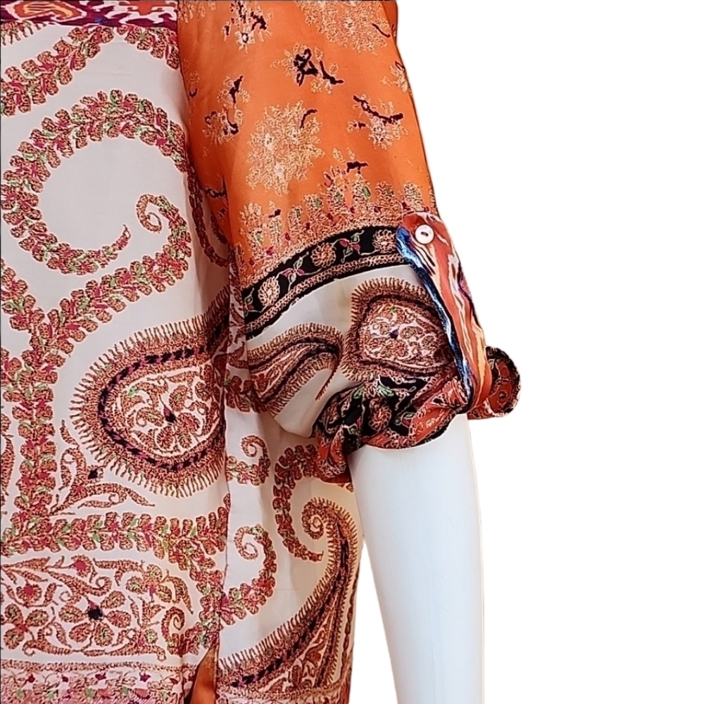 ZARA Paisley Tunic Top L Satin Blouse Orange Long Shirt Boho Convertible Sleeves - Picture 9 of 15